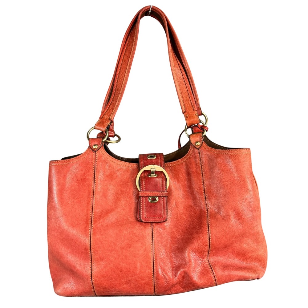 Etienne Aigner Red Orange Pebbled Leather Buckle Shoulder Bag Hobo Tote